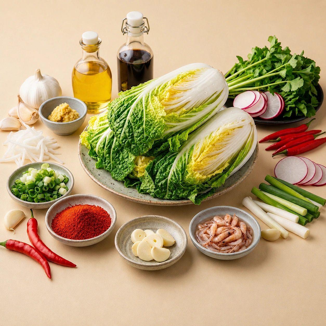 Kimchi seasoning ingredients with red chili peppers