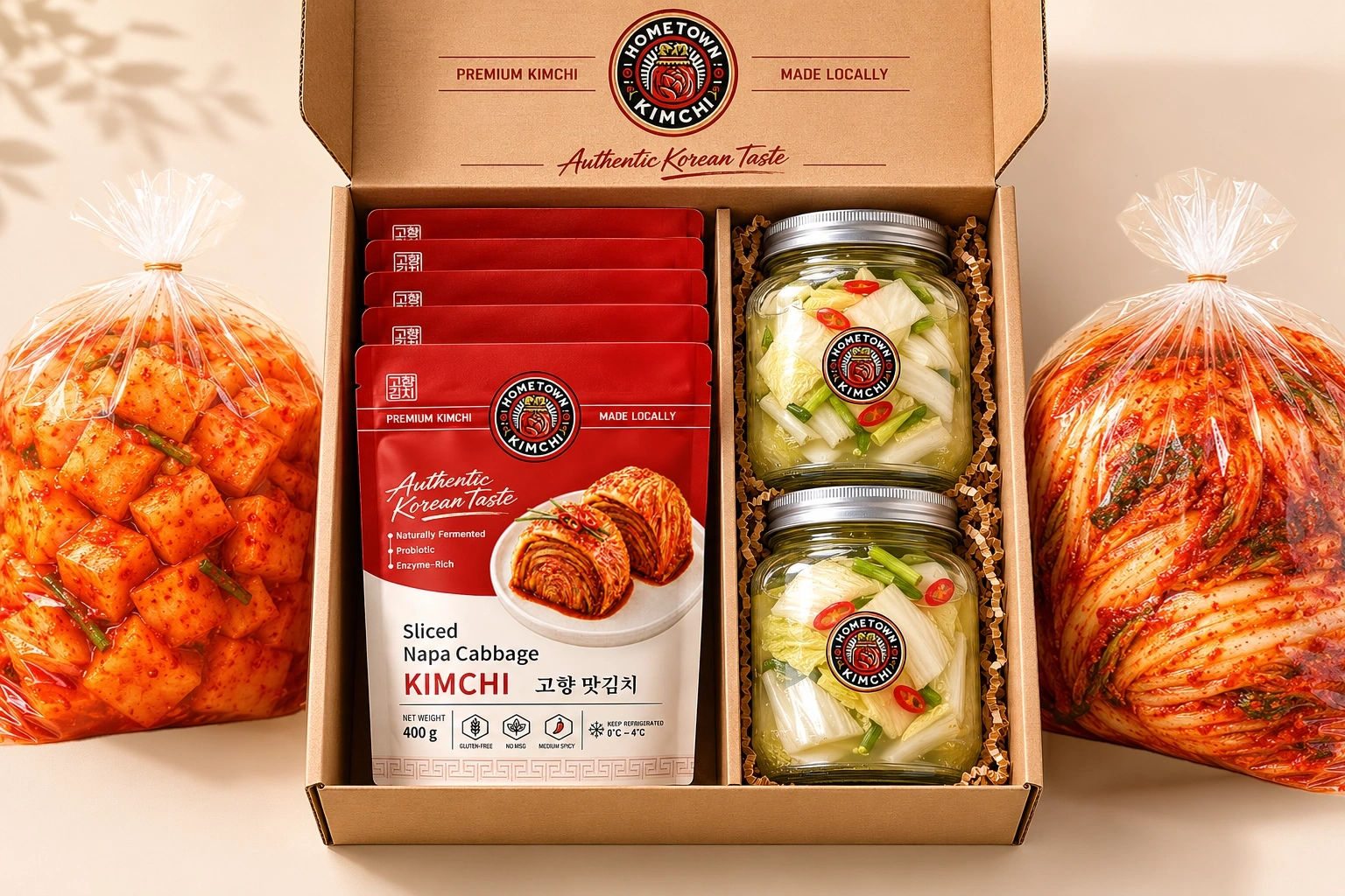 Hometown Kimchi product lineup with multiple package formats